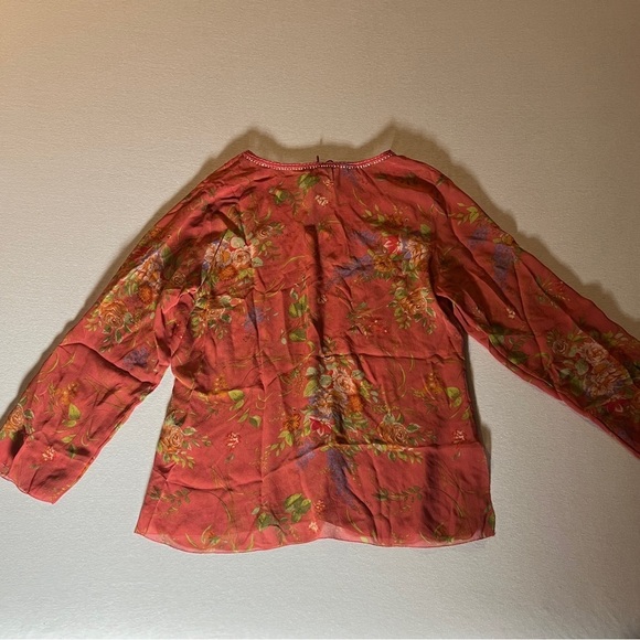 CAbi 100% Silk Large Sheer Pink Floral Long Sleeve Embroidered Rose Fairy Blouse - Picture 3 of 9